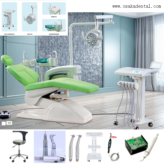 Green color dental chair unit with dental air compressor and dental handpiece