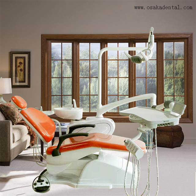 Dental chair with dental stool with orange colour leather