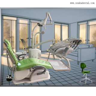 Green color dental chair with top mounted instrument tray