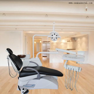 Black colour dental chair unit with dental handpiece and dentist stool for dental clinic