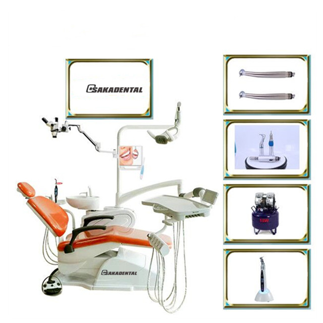 Dental chair with dental stool with orange colour leather