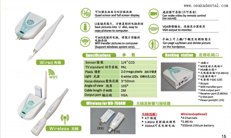 Dental 2.0 Mega pixels High resolution intra-oral camera with USB+VGA output