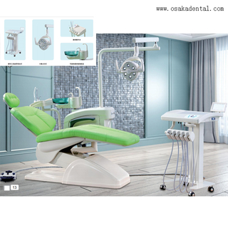 Green color dental chair unit with dental air compressor and dental handpiece