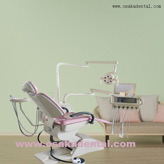 Pink colour dental chair with strong base cabinet.