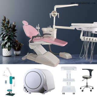 Pink colour dental chair with standing X ray machine
