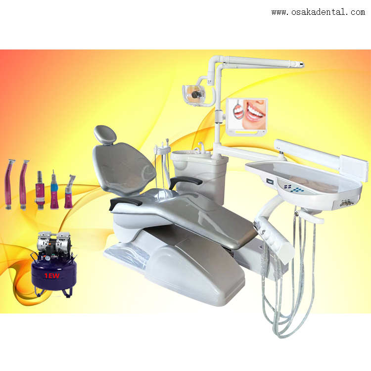 Dental chair unit with dental LED scaler and dental handpiece and dental air compressor with dental curing light