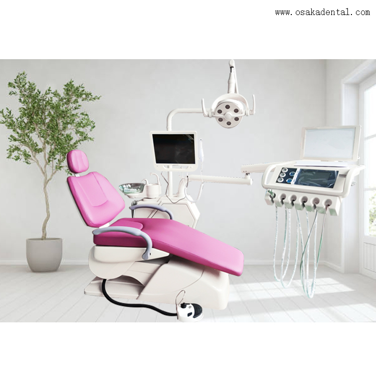 Luxuriy dental unit 6 Led lamp with 9 memory with touch type instrument tray with LCD and LCD assistance tray,big seat with Synchronized movement