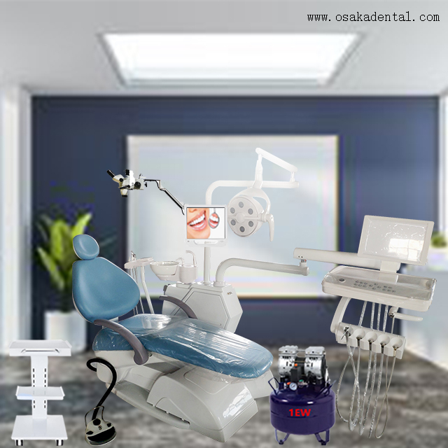 Dental chair with air compressor and dental microscope and 17 inches monitor light blue color