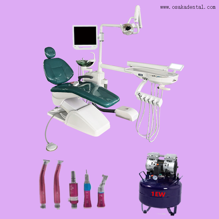 Dental chair with dentist stool and dental air compressor with dental hanpiece