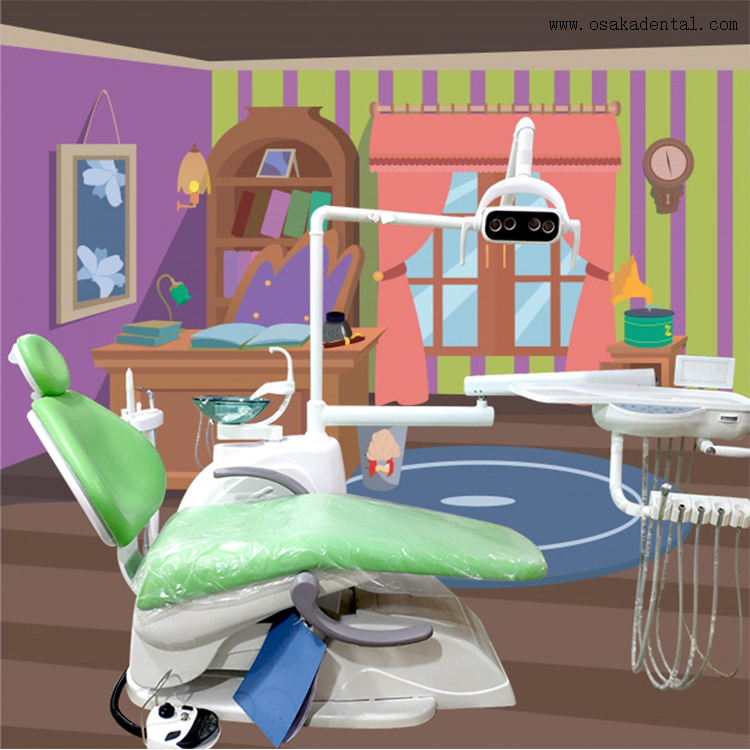 Green color dental chair with multi-functional footpadel and LED lamp
