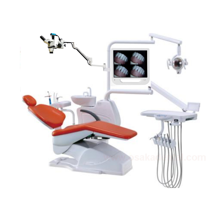 Dental chair with microscope with camera monitor set