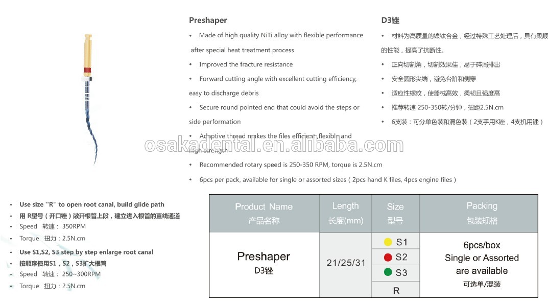 New Preshaper D3 File Made of High Quality Niti Alloy